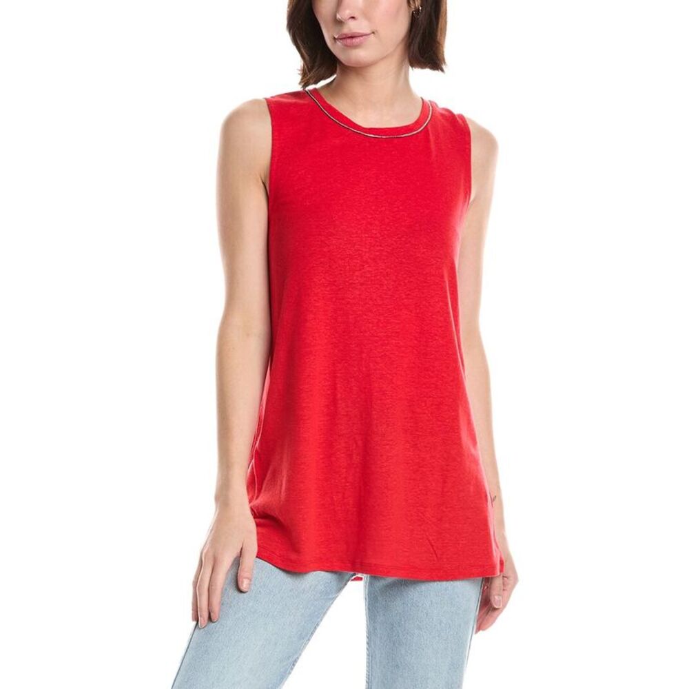 Lemon Grass Womens  Beaded Neckline Linen-Blend Tank Top, Red